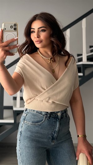 Stone Lyocell Blend Double-Breasted Blouse