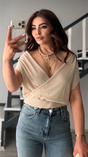Stone Lyocell Blend Double-Breasted Blouse