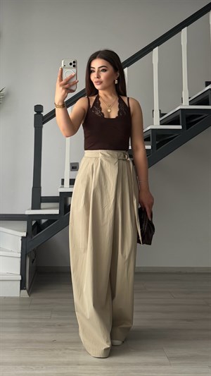 Taş Paraşüt Kumaş Kemer Detaylı Dökümlü Pantolon