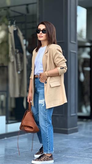 Taş Tek Düğme Yün Efekt Blazer Ceket
