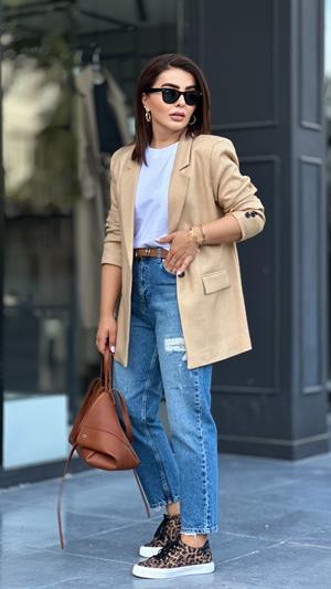 Taş Tek Düğme Yün Efekt Blazer Ceket
