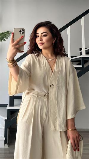 Taş Tnsel Tek Düğme Bluz-Pantolon Takım