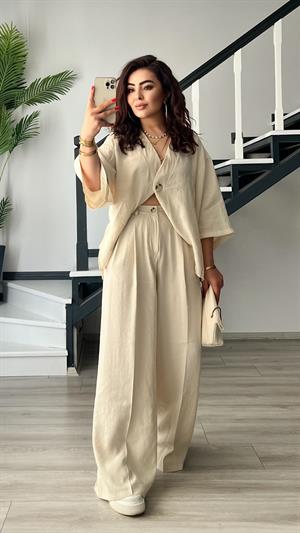 Taş Tnsel Tek Düğme Bluz-Pantolon Takım
