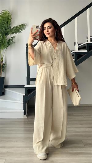 Taş Tnsel Tek Düğme Bluz-Pantolon Takım