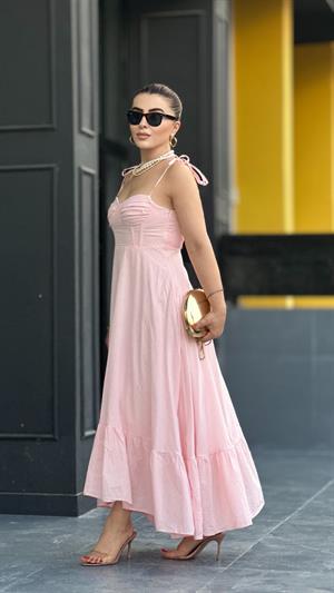 Toz Pembe Marka Model Fırfırlı Astarlı Elbise 