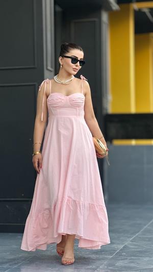 Toz Pembe Marka Model Fırfırlı Astarlı Elbise 