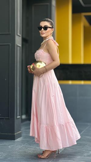 Toz Pembe Marka Model Fırfırlı Astarlı Elbise 