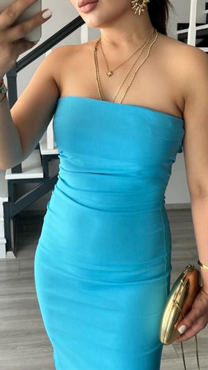 Turquoise Strapless Dress with Waistband Detail and Slit