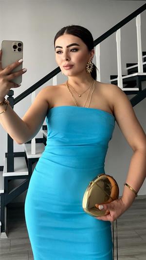 Turquoise Strapless Dress with Waistband Detail and Slit