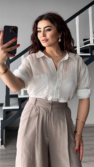 Vizon Boydan Çizgili Oversize Gömlek