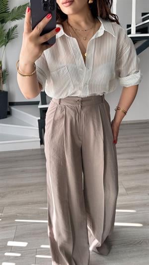 Vizon Boydan Çizgili Oversize Gömlek