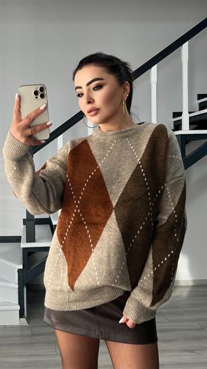 Vizon-Kahve-Taba Baklava Desenli Kazak 