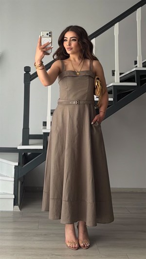 Mink Linen Belted Midi Dress with Straps