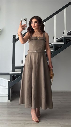 Mink Linen Belted Midi Dress with Straps