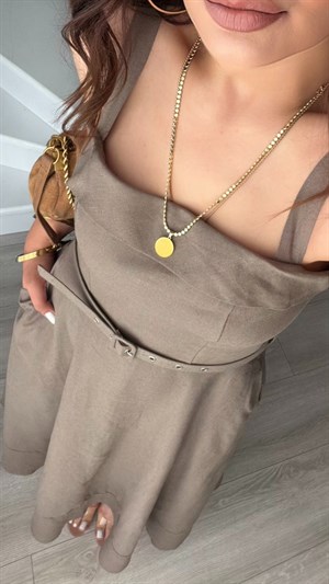 Mink Linen Belted Midi Dress with Straps