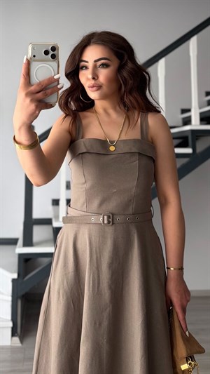 Mink Linen Belted Midi Dress with Straps