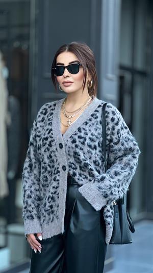 Mink Leopard V-Neck Brushed Buttoned Knit Cardigan