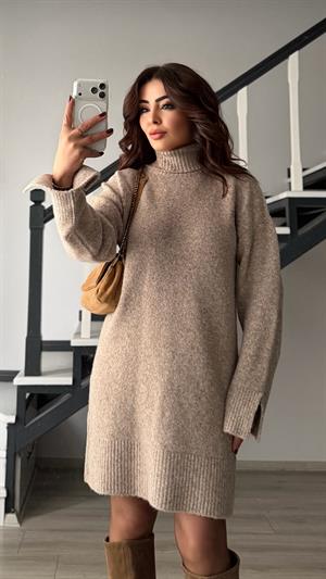 Mink Melange Turtleneck Soft Texture Knit Dress