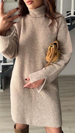 Mink Melange Turtleneck Soft Texture Knit Dress
