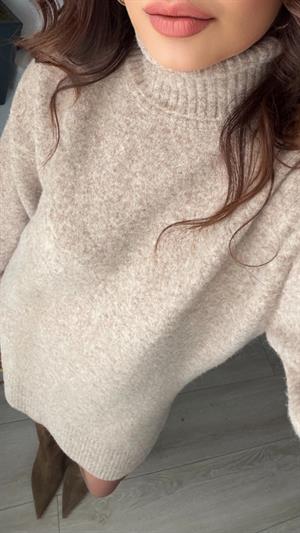 Mink Melange Turtleneck Soft Texture Knit Dress