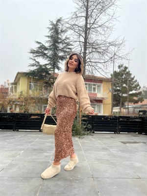 Vizon Midi Boy Payetli Etek