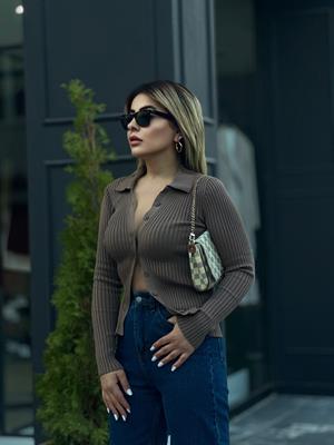 Vizon Polo Yaka Çelik Örme Düğmeli Triko Bluz
