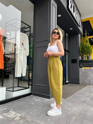 Yağ Yeşili Beli Lastikli Piliseli Müslin Pantolon 