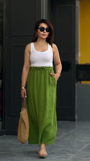 Green 100% Raw Linen Skirt with Tassel Detail