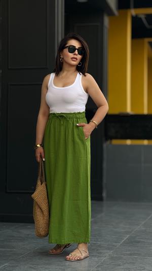 Green 100% Raw Linen Skirt with Tassel Detail