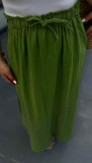 Green 100% Raw Linen Skirt with Tassel Detail