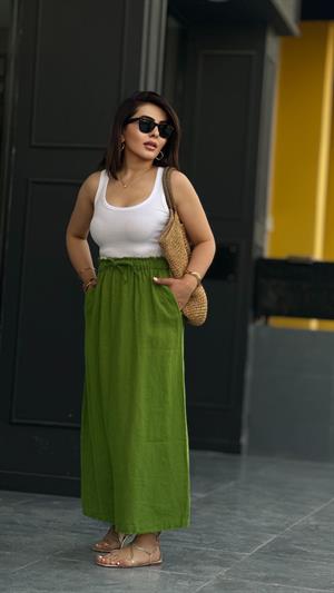Green 100% Raw Linen Skirt with Tassel Detail