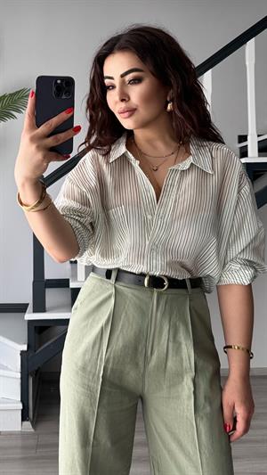 Yeşil Boydan Çizgili Oversize Gömlek
