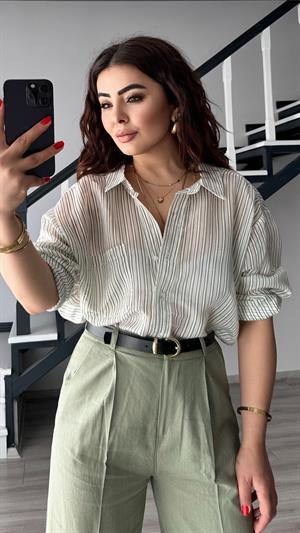 Yeşil Boydan Çizgili Oversize Gömlek