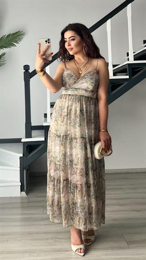 Green Floral Pattern Adjustable Strap Chiffon Dress
