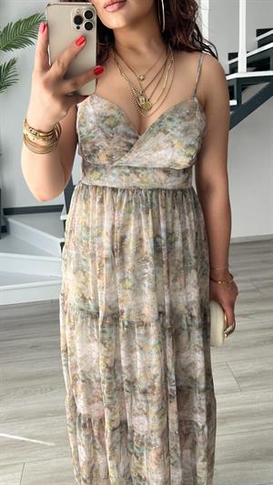 Green Floral Pattern Adjustable Strap Chiffon Dress