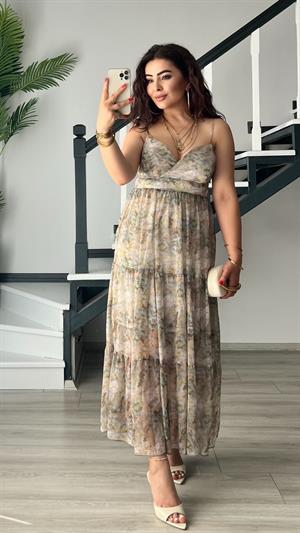 Green Floral Pattern Adjustable Strap Chiffon Dress