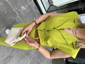 Green Imported Linen Vest Set with Self-Belt