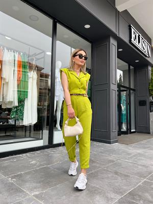 Green Imported Linen Vest Set with Self-Belt