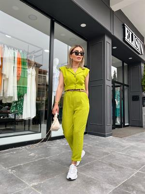 Green Imported Linen Vest Set with Self-Belt