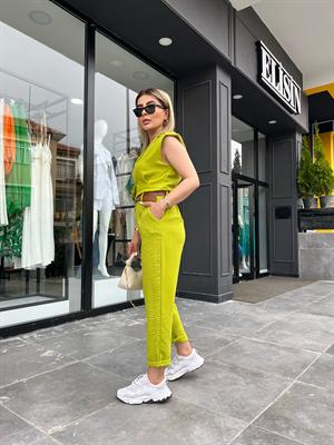 Green Imported Linen Vest Set with Self-Belt