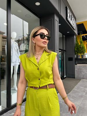 Green Imported Linen Vest Set with Self-Belt