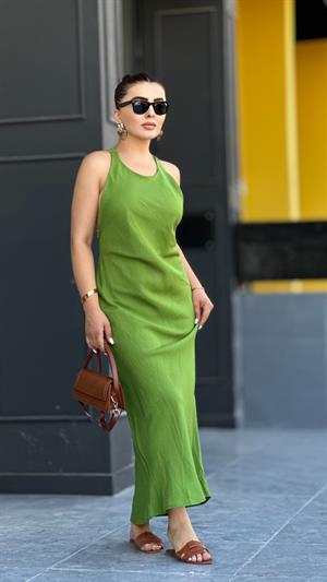 Green Original Brand Back Twist Detail Raw Linen Dress