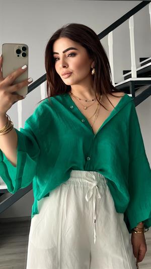 Yeşil Oversize İpeksi Gömlek