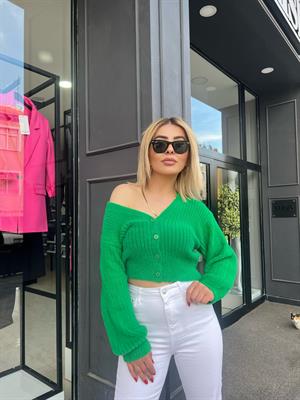 Green V-Neck Fluffy Cardigan