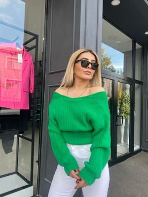 Green V-Neck Fluffy Cardigan