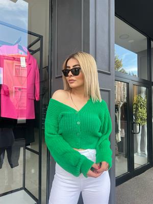 Green V-Neck Fluffy Cardigan