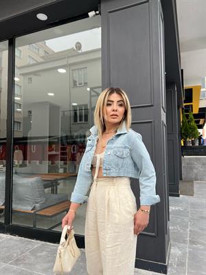 Yırtık Detaylı Crop Denim Ceket