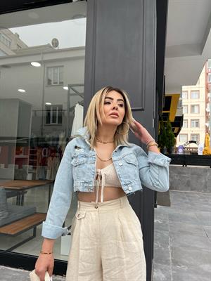 Yırtık Detaylı Crop Denim Ceket