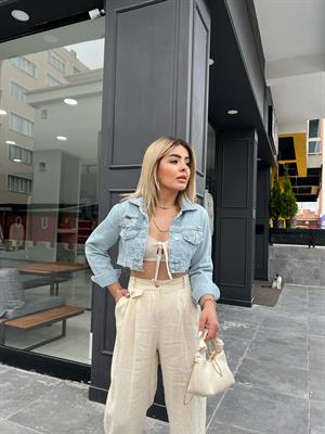 Yırtık Detaylı Crop Denim Ceket