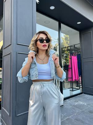 Yırtık Detaylı Crop Denim Ceket